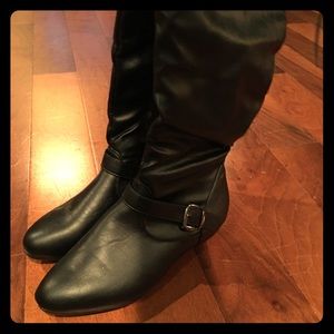 Black faux leather over knee lace back boots